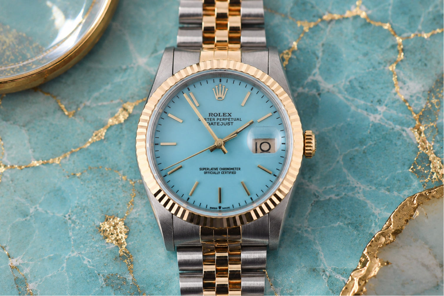 Rolex Datejust 36mm Ref 16233 Yellow Gold Bezel Turquoise stick