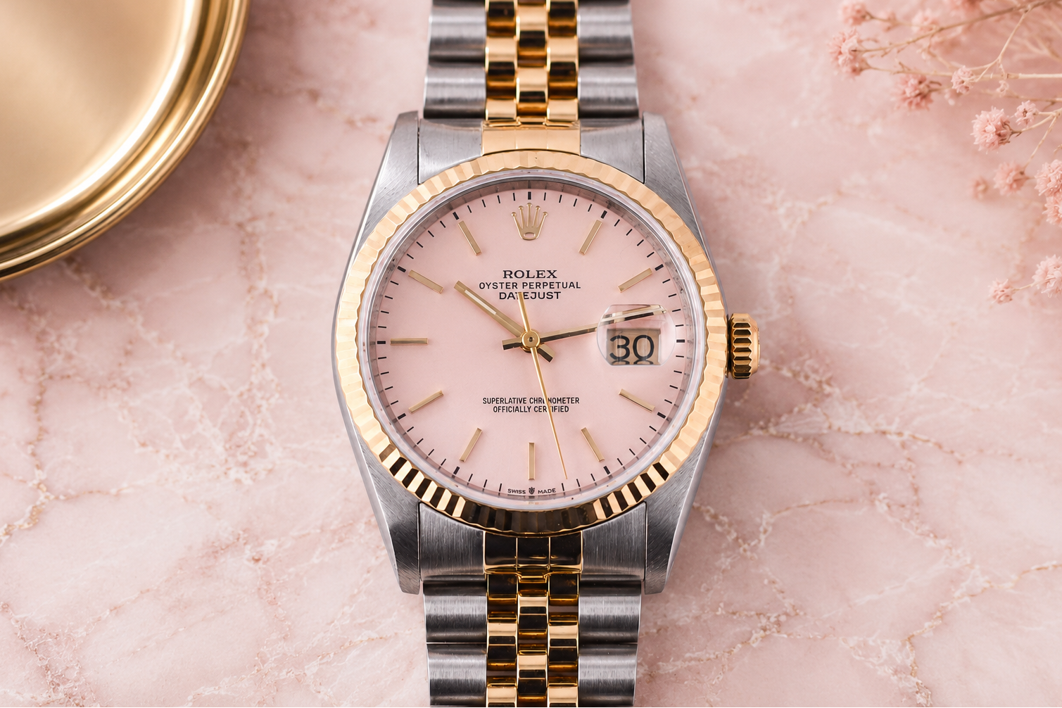 Rolex Datejust 36mm Ref 16233 Yellow Gold Bezel Pink Thin Stick