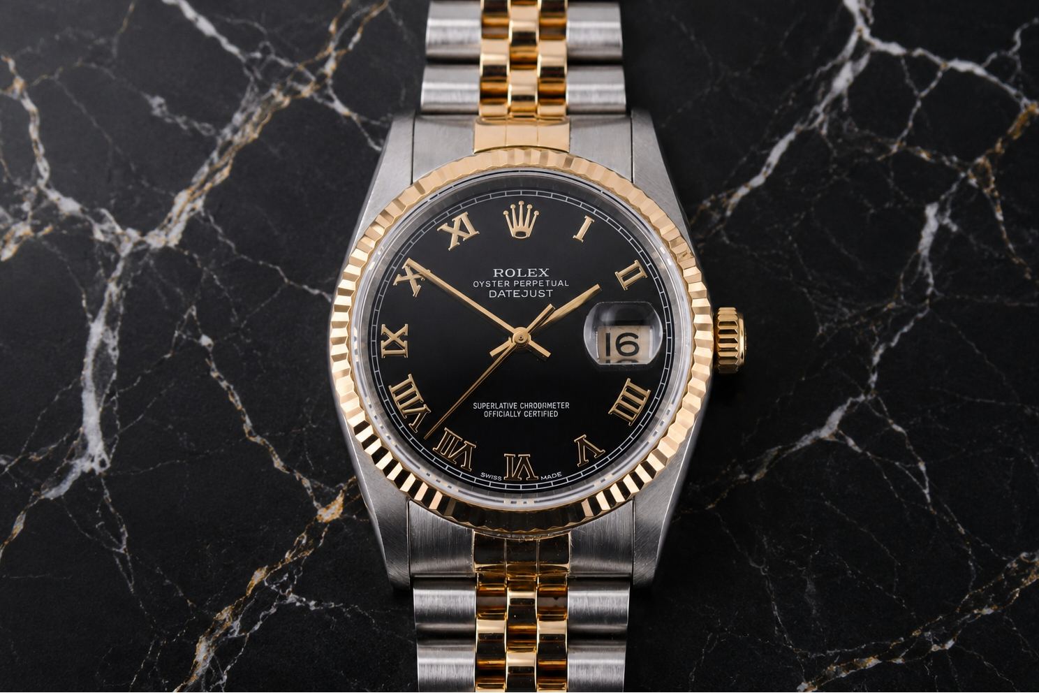 Rolex Datejust 36mm Ref 16233 Yellow Gold Bezel Black Roman Dial