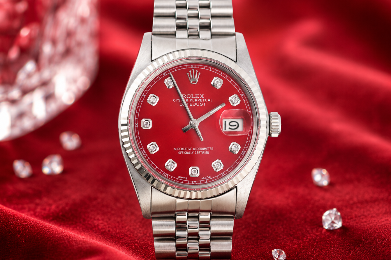 Silver watch with a red face on a red fabric background