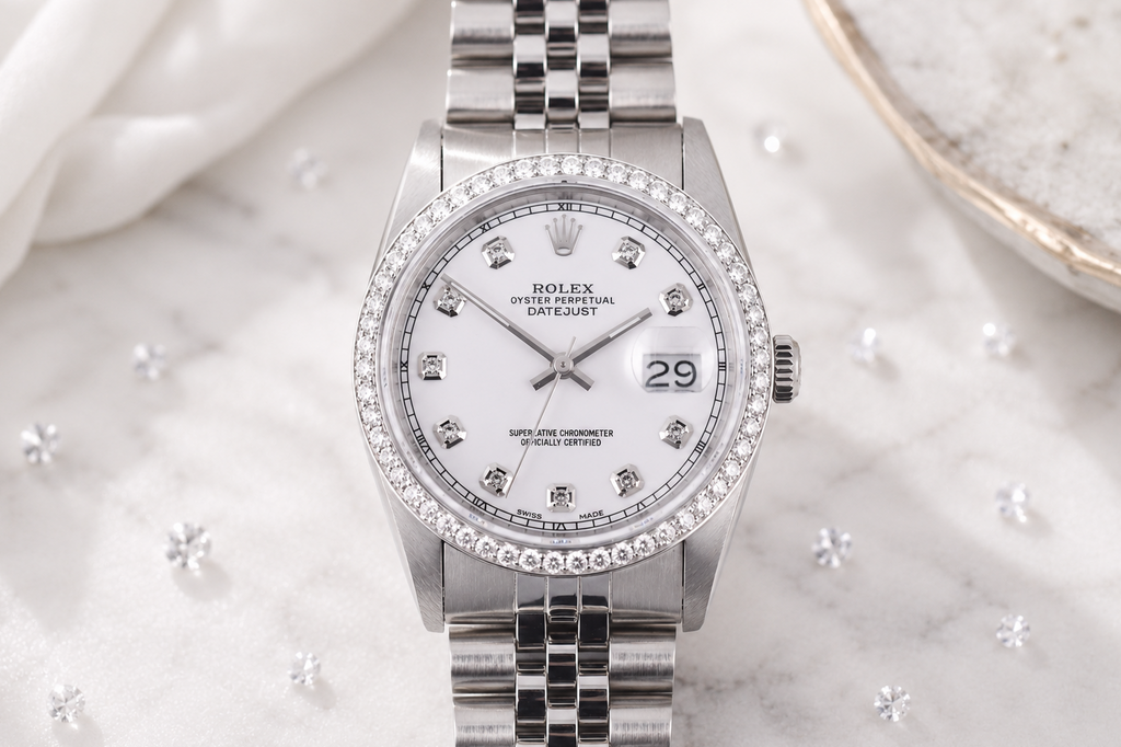 Silver watch with diamond-studded bezel on a marble surface