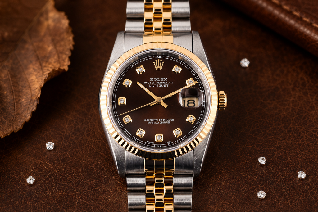 Luxury watch with black dial and gold accents on a brown leather background