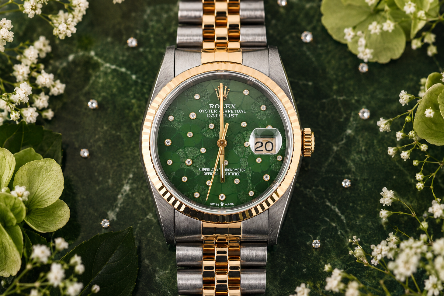Rolex watch with green dial and gold and silver band on a green floral background
