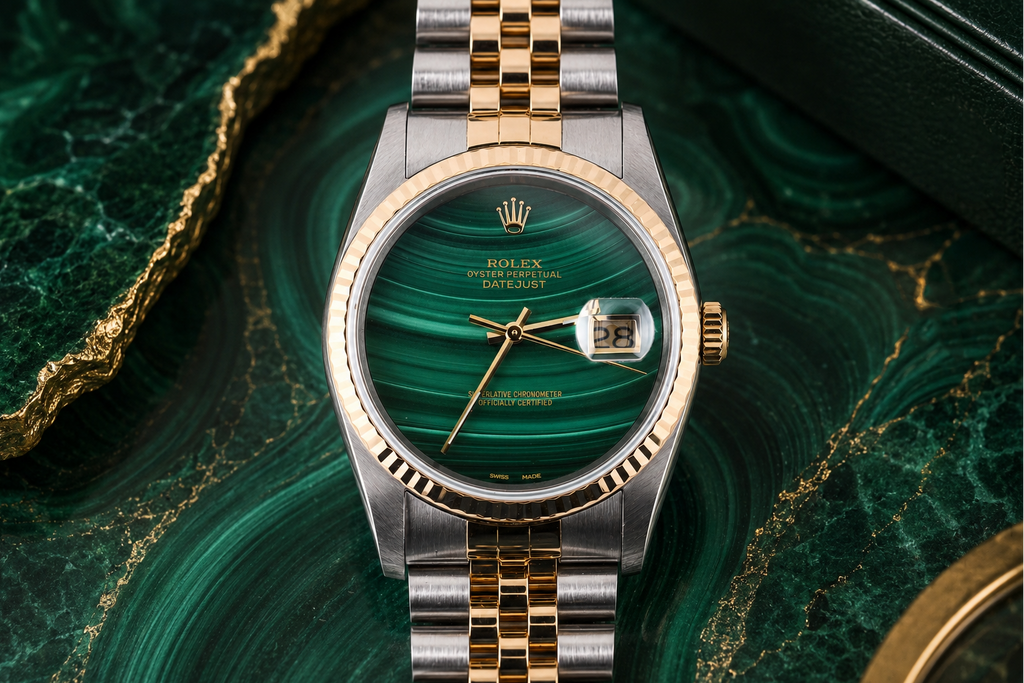 Luxury watch with green dial and gold accents on a green marble surface