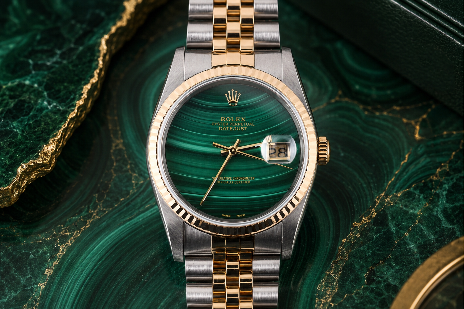 Luxury watch with green dial and gold accents on a green marble surface