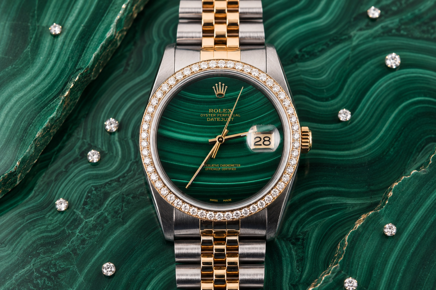 Luxury watch with green face and gold accents on a green marble background