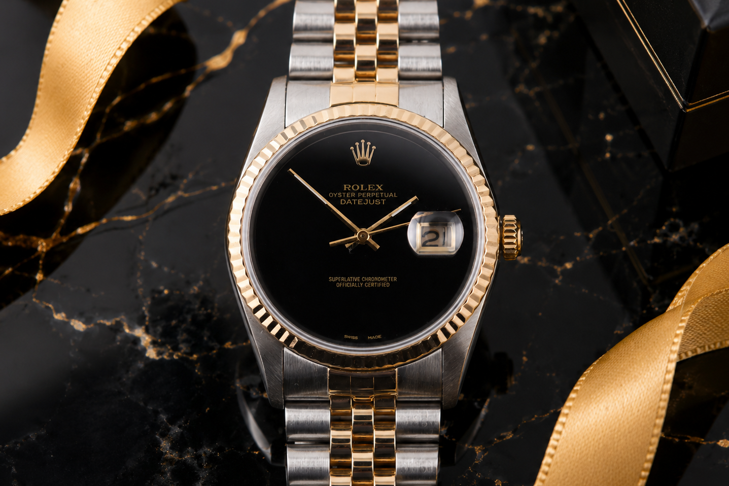 Luxury watch with black face and gold accents on a dark marble surface with gold ribbons.