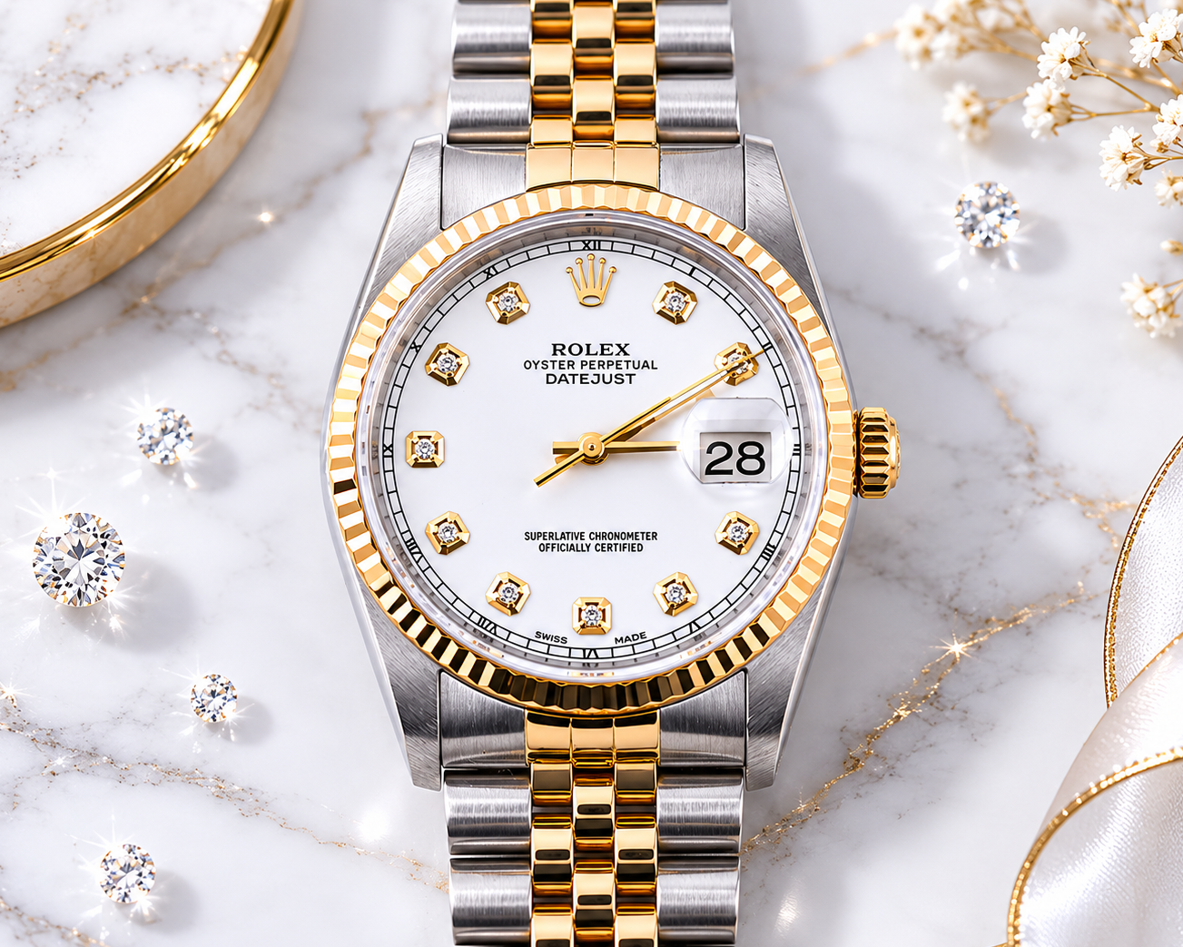 Gold and silver watch with diamond accents on a marble surface