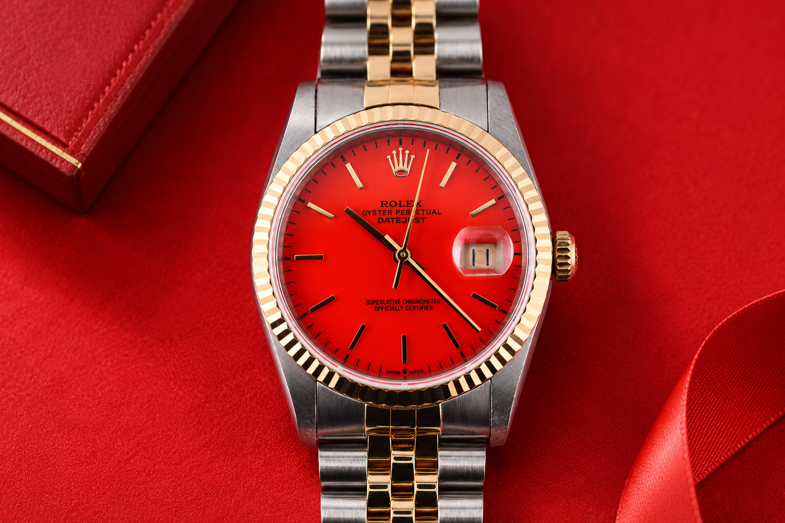 Luxury watch with red face and gold and silver band on a red background