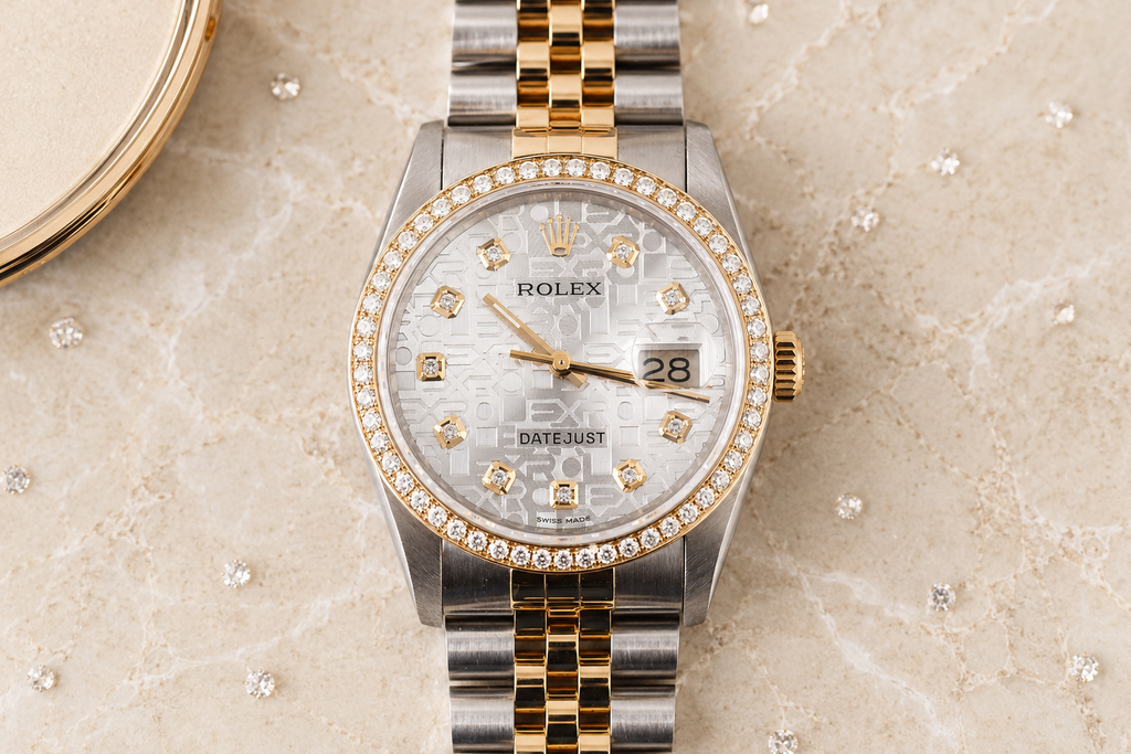 Rolex watch with a two-tone gold and silver band on a textured surface