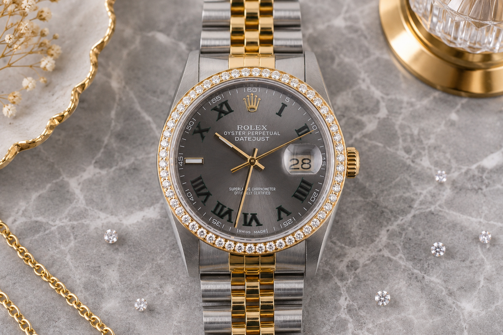 Luxury watch with gold and silver band on a gray marble surface