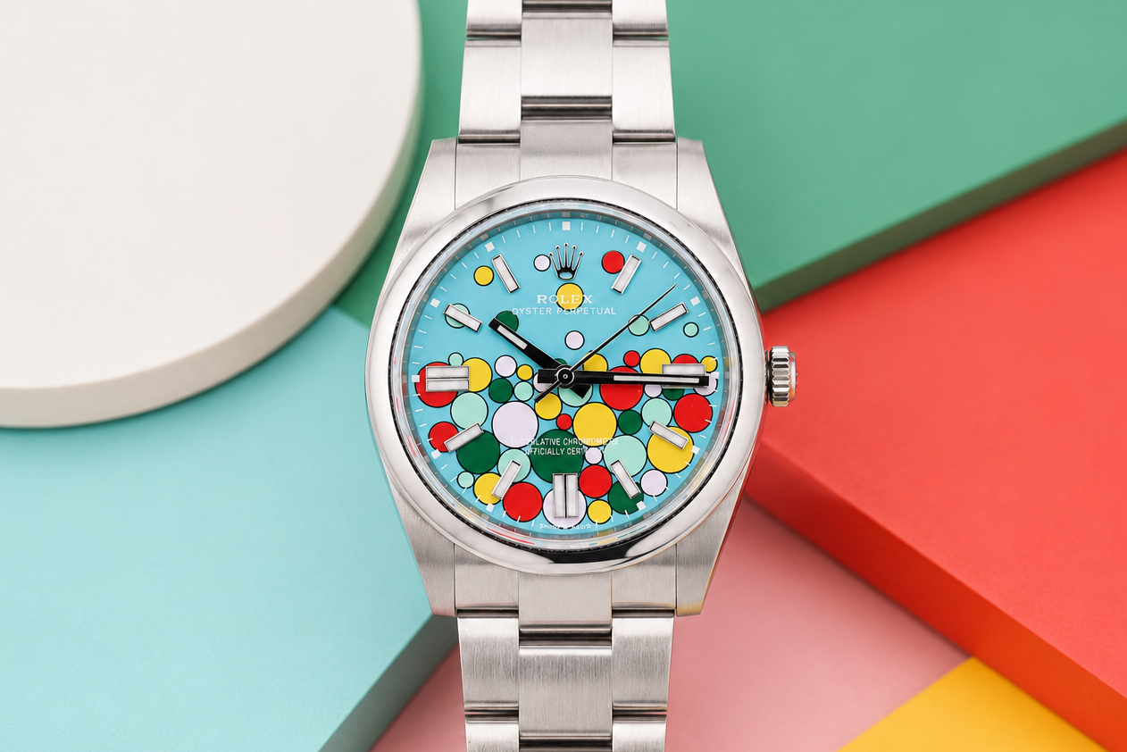 Colorful watch with a unique face on a multicolored geometric background