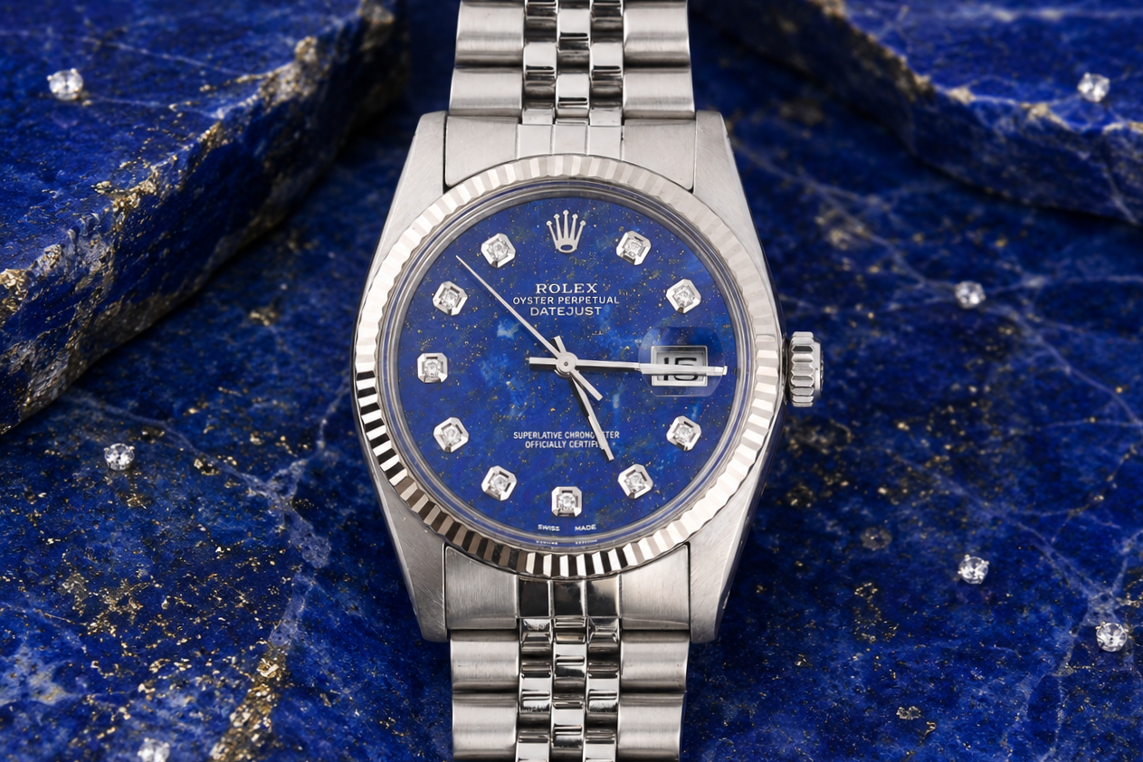Silver watch with a blue dial on a blue textured surface