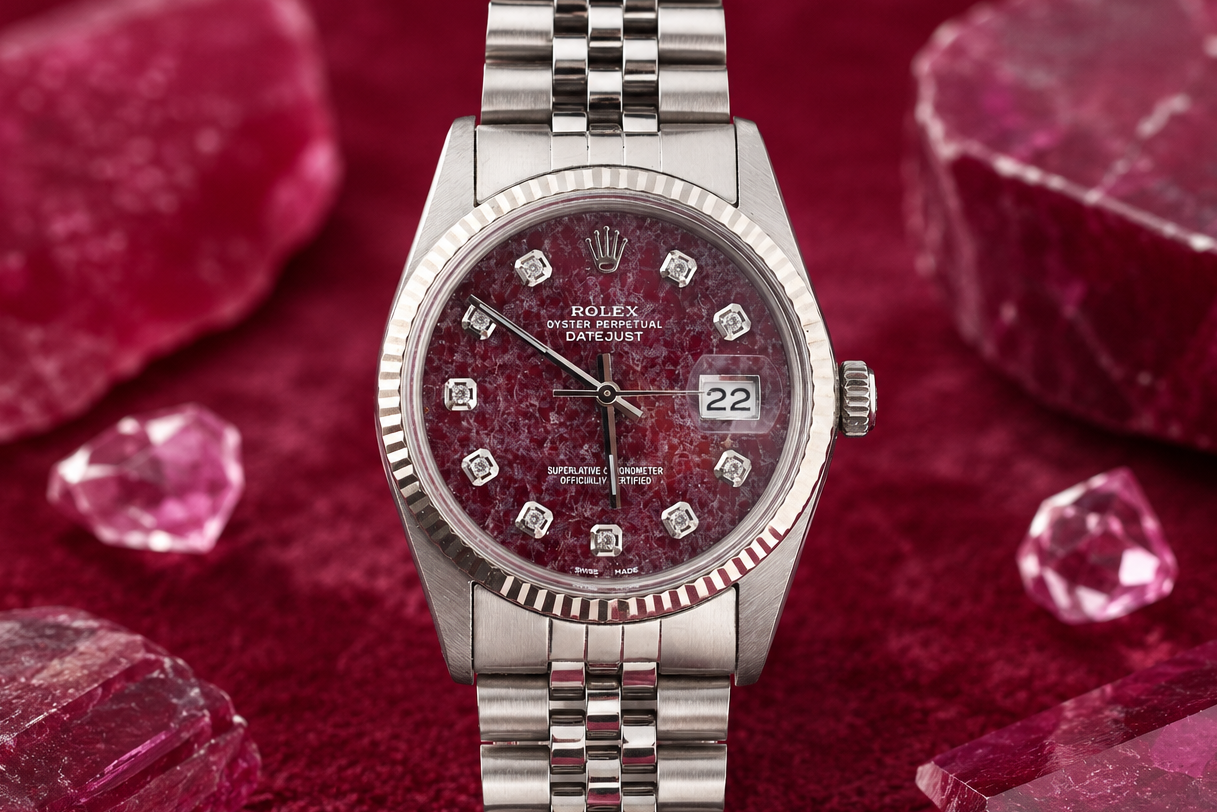 Silver watch with a red face on a red background with pink crystals