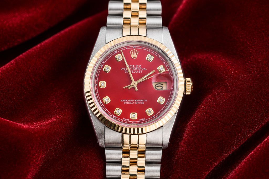 Luxury watch with red dial and gold and silver band on red velvet background
