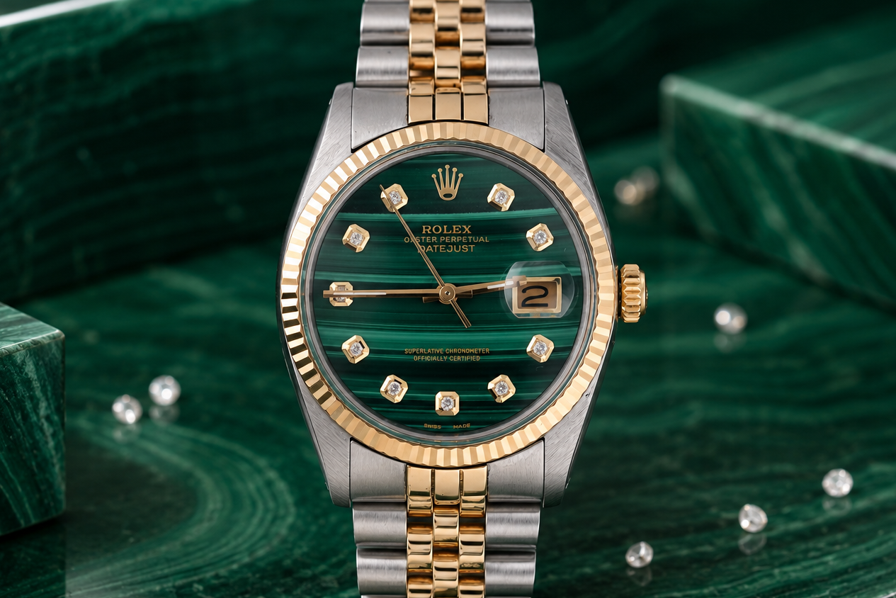 Luxury watch with green dial and gold and silver band on a green marble surface