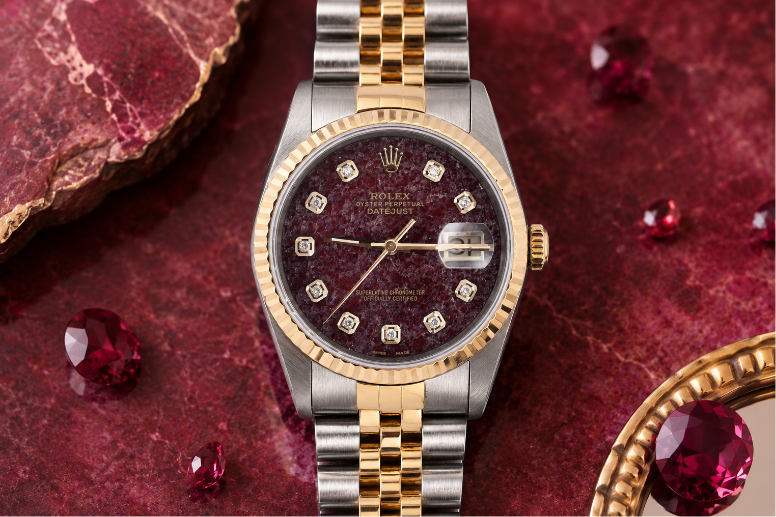 Luxury watch with a maroon face and gold accents on a red textured background with gemstones.