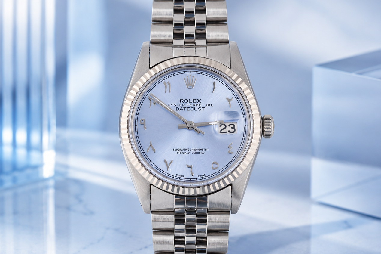 Silver Rolex watch with a blue face on a reflective blue background