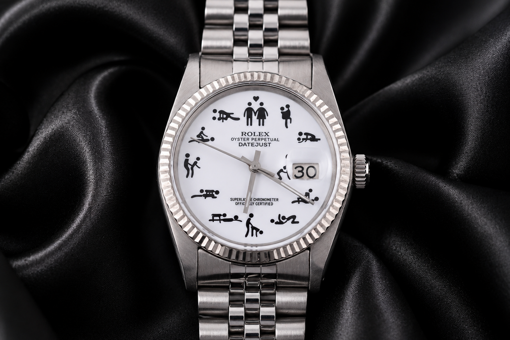 Silver watch with a unique face design on a black satin background