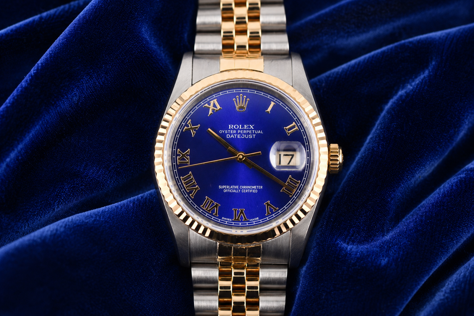 Rolex Datejust 36mm Ref 16233 Yellow Gold Bezel Blue Roman Dial
