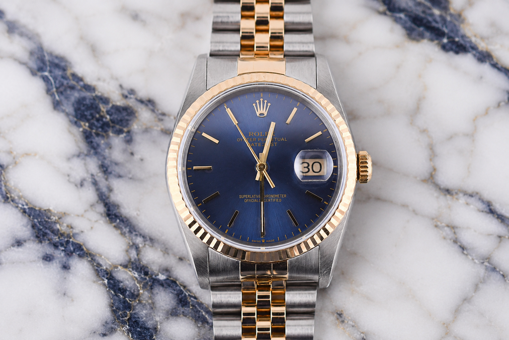 Rolex Datejust 36mm Ref 16233 Yellow Gold Bezel Blue Stick Dial