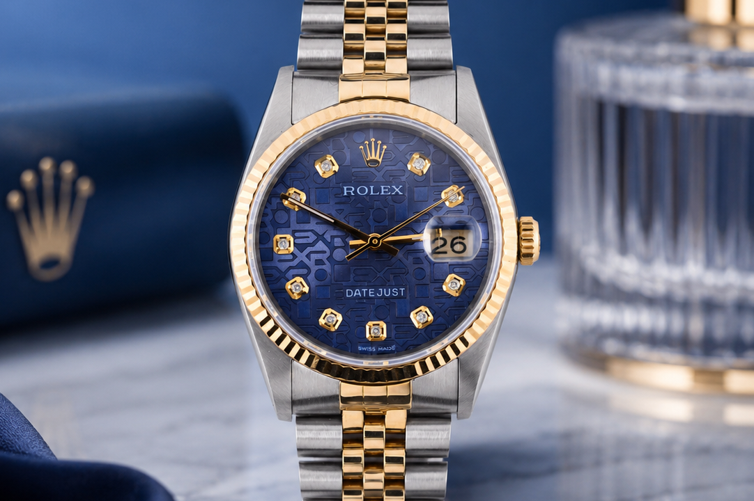 Luxury watch with blue face and gold accents on a reflective surface with a blue background