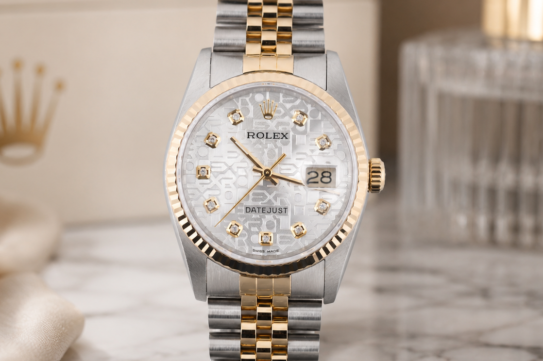 Luxury watch with silver and gold band on a marble surface