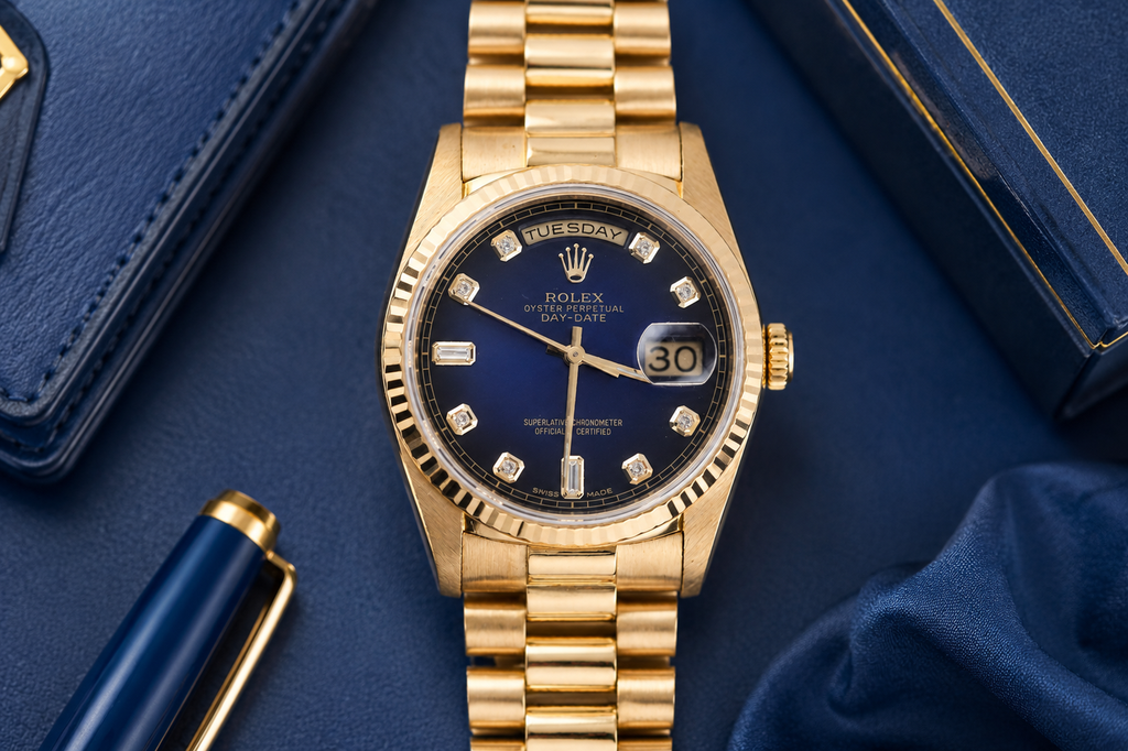 Rolex Day-Date 36mm Ref 18038 Blue Vignette Baguette Diamond Dial