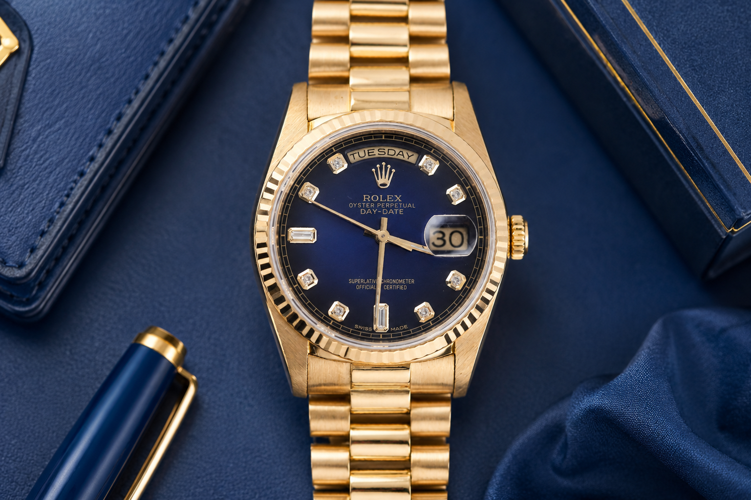 Rolex Day-Date 36mm Ref 18038 Blue Vignette Baguette Diamond Dial