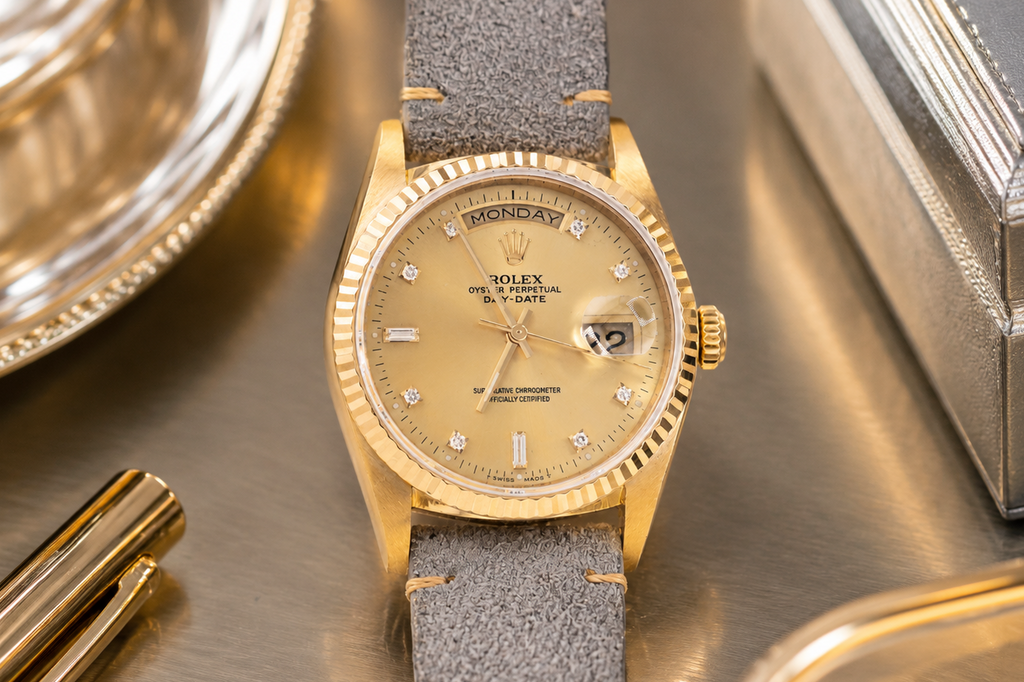 Gold watch with gray strap on a reflective surface