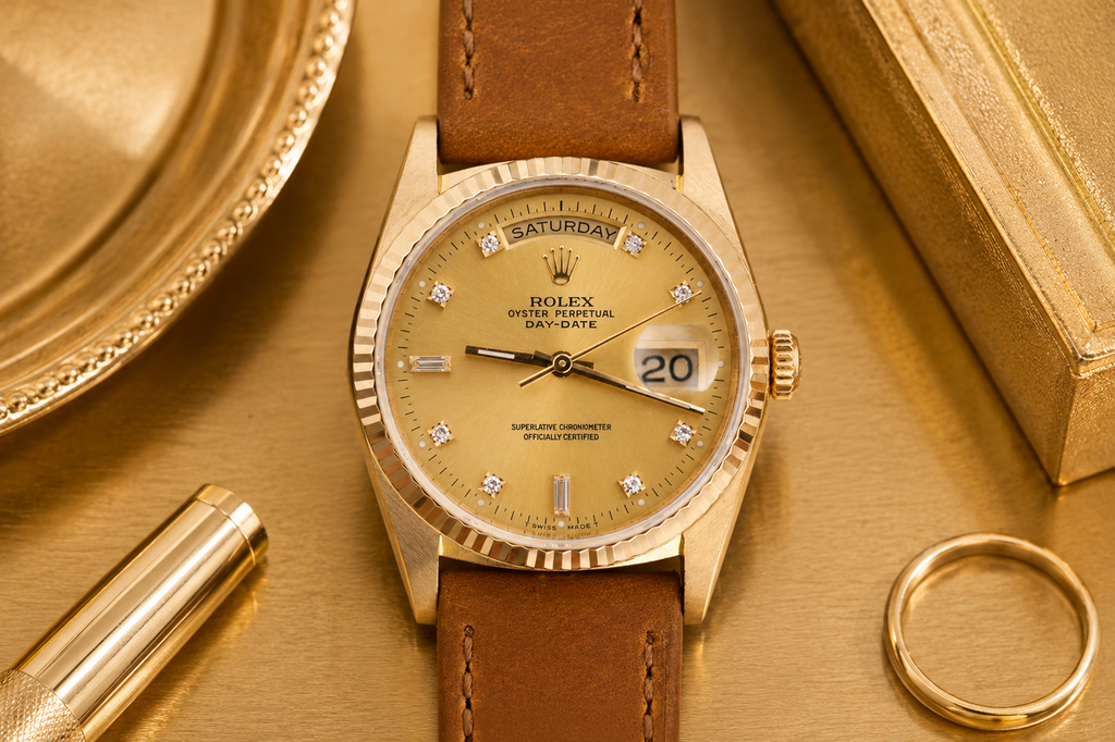 Gold watch with brown leather strap on a gold surface