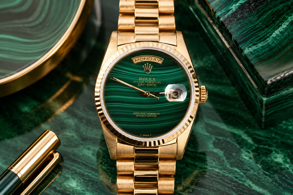 Gold watch with green face on a green marble surface