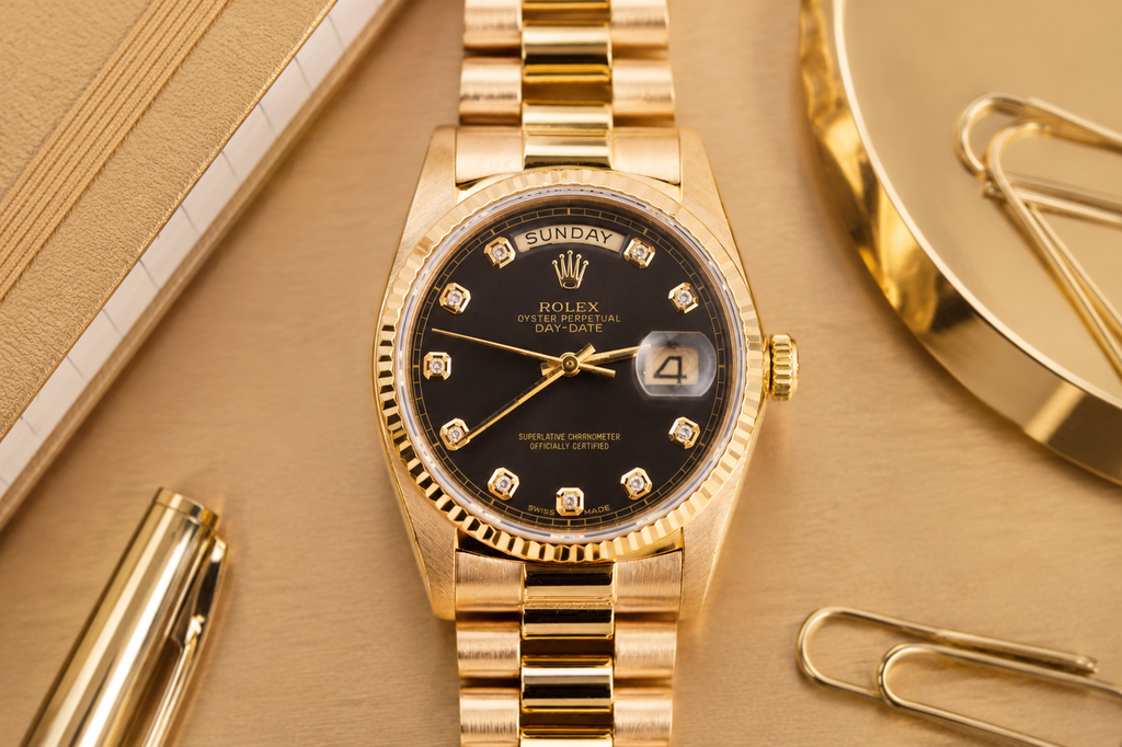 Gold wristwatch with black dial on a gold surface