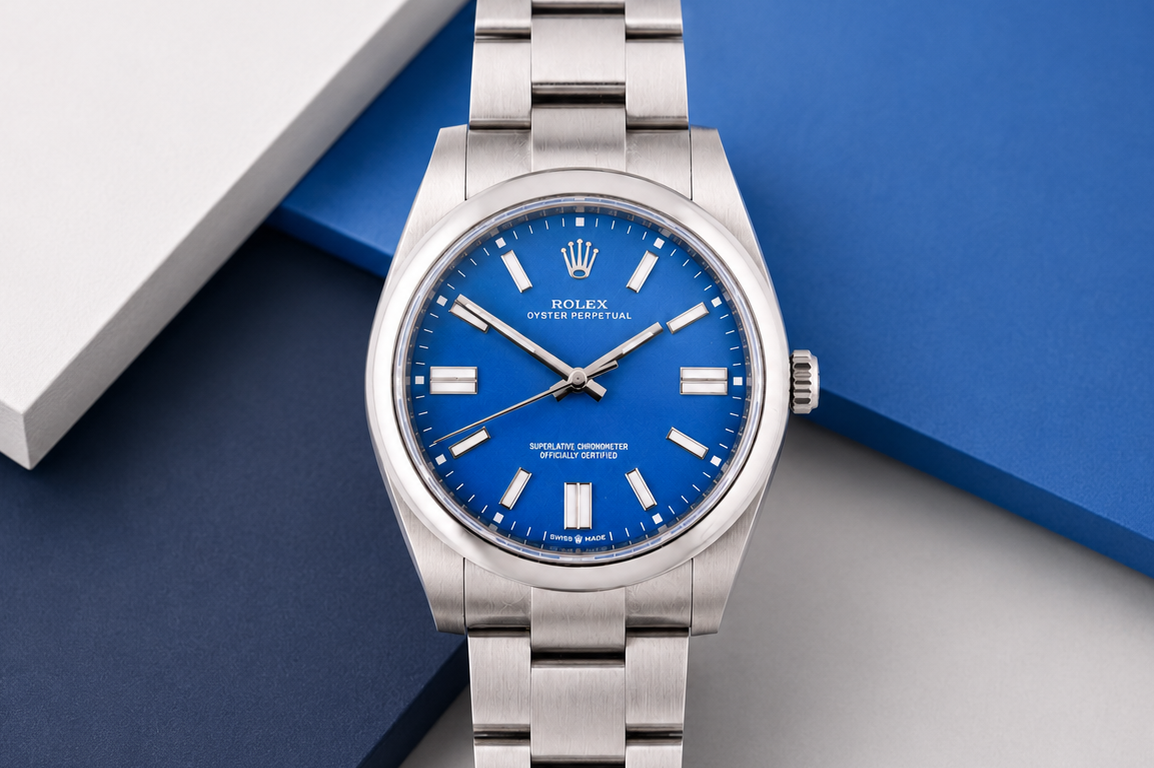 Silver watch with a blue face on a geometric background