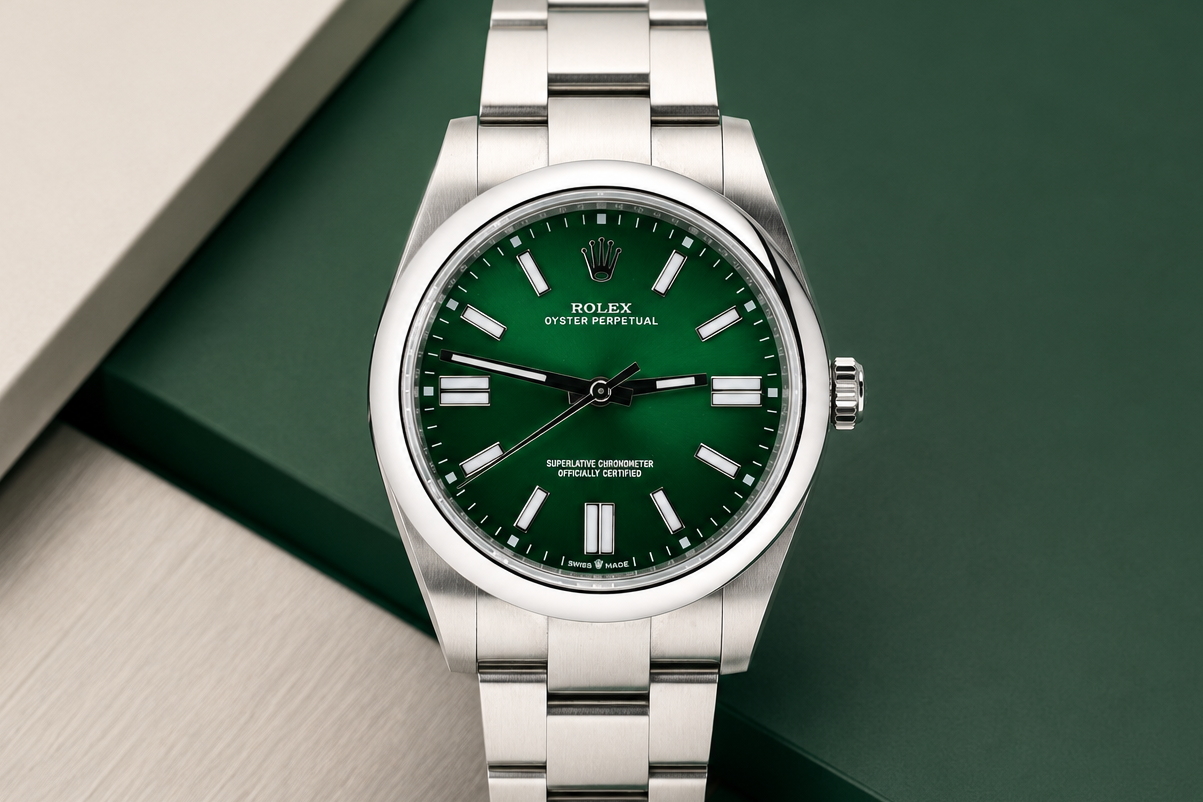 Silver watch with a green face on a green and beige background