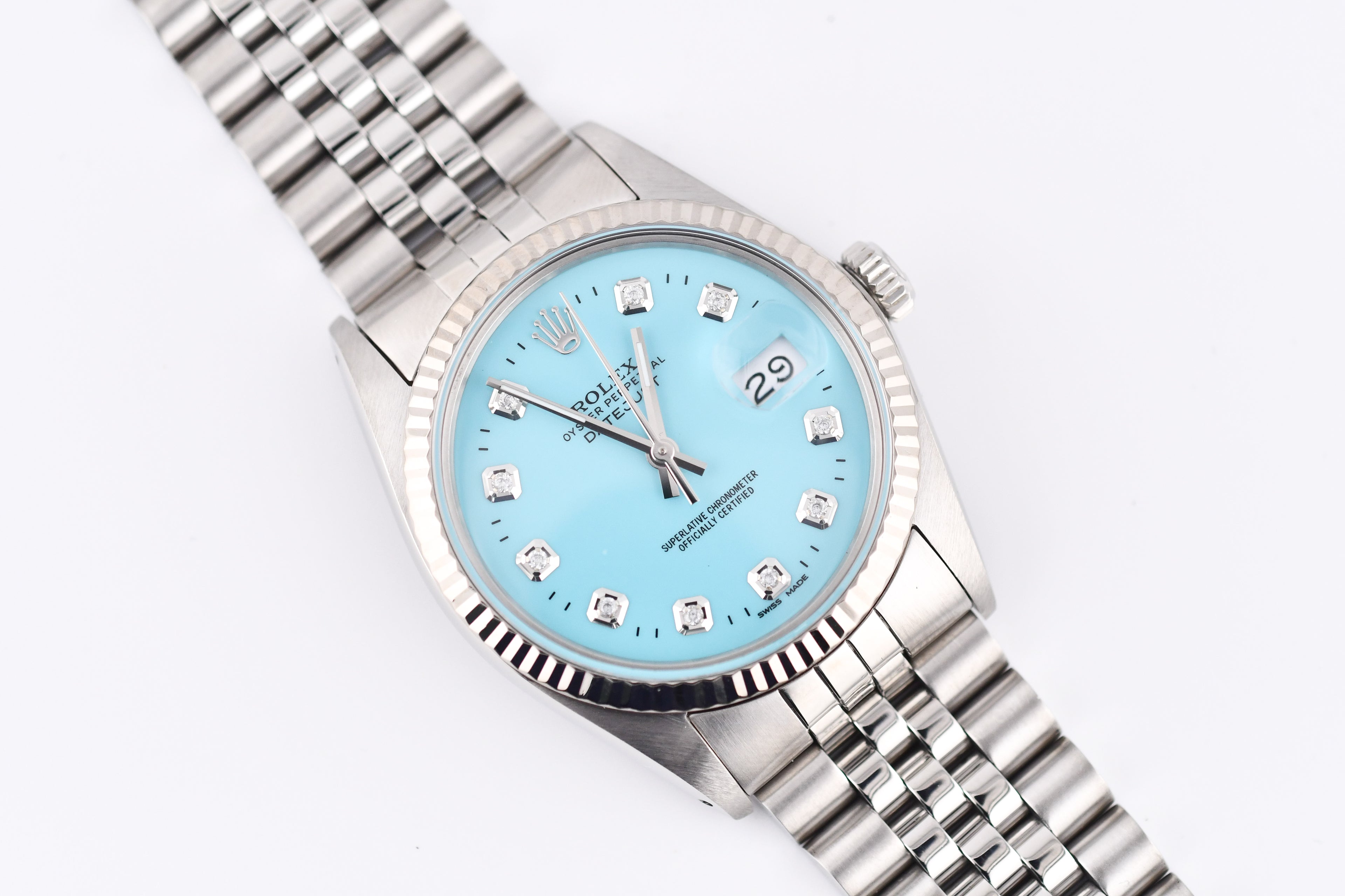 Rolex Datejust 36mm Ref 16014 Custom Baby Blue Diamond Dial