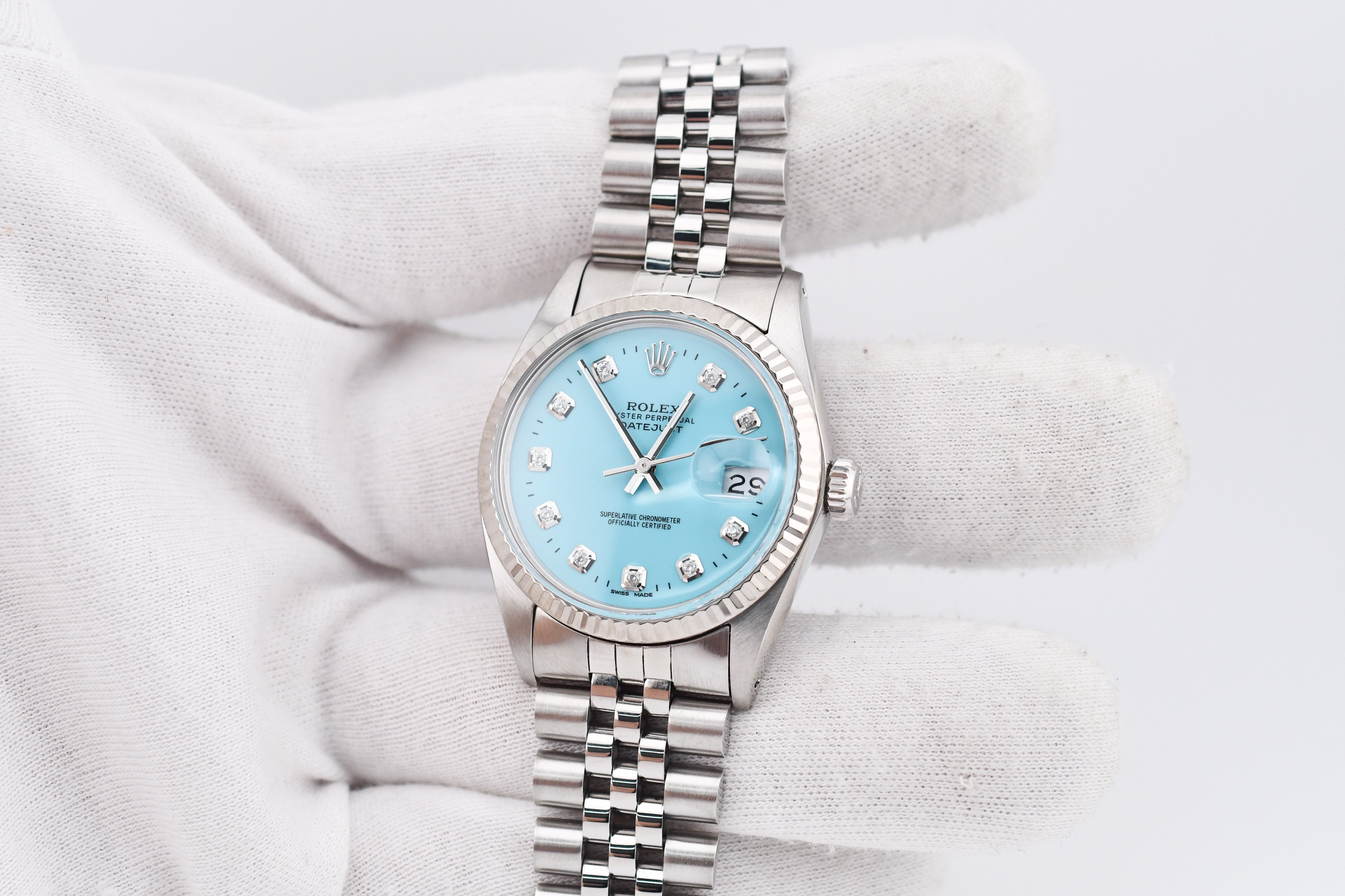 Rolex Datejust 36mm Ref 16014 Custom Baby Blue Diamond Dial