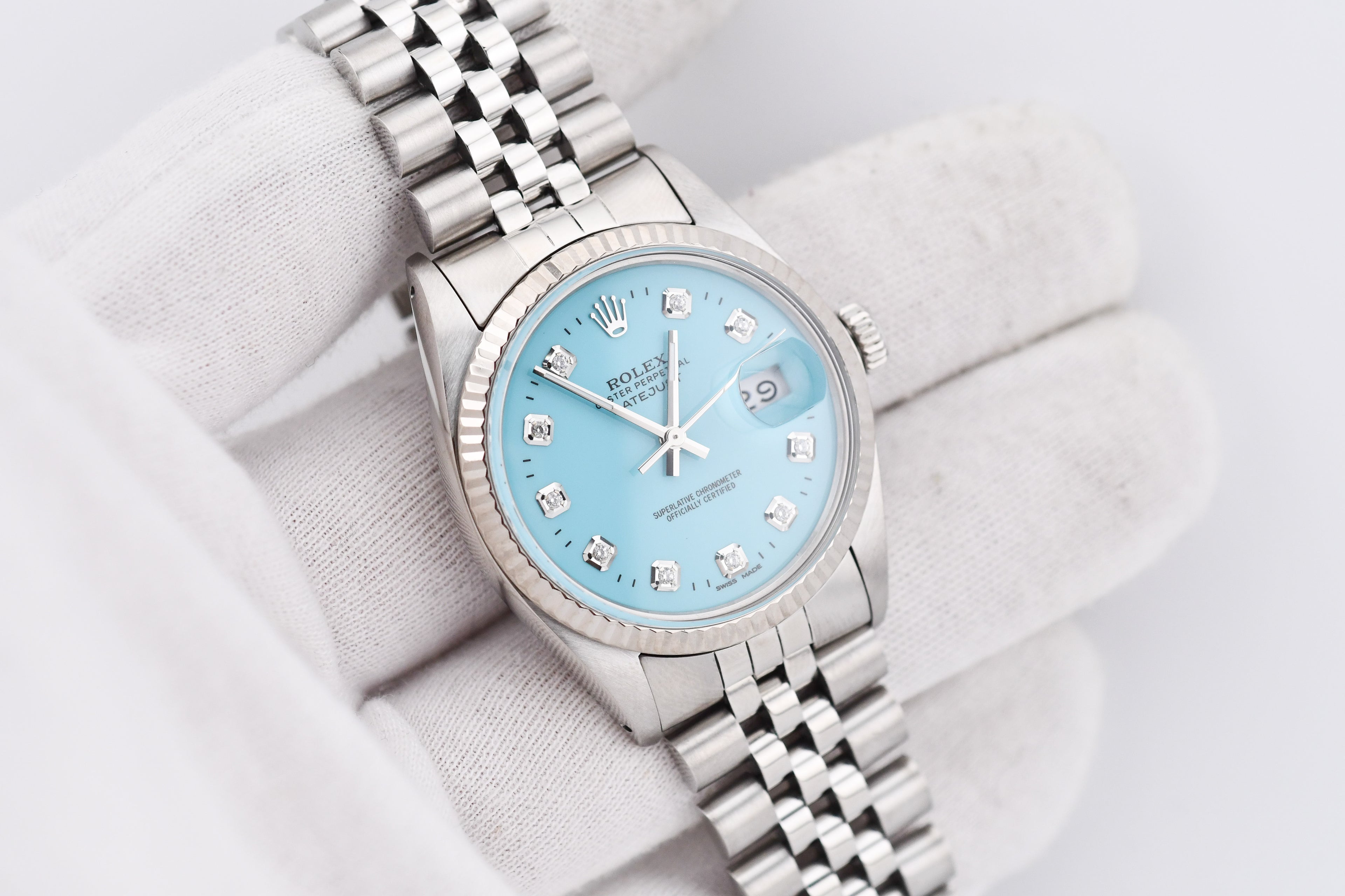Rolex Datejust 36mm Ref 16014 Custom Baby Blue Diamond Dial