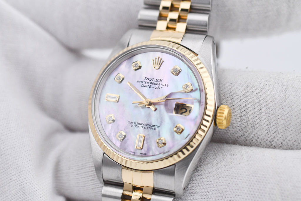 Rolex Datejust 36mm Ref 16013 Custom Pink Mother of Pearl Baguette Diamond Dial