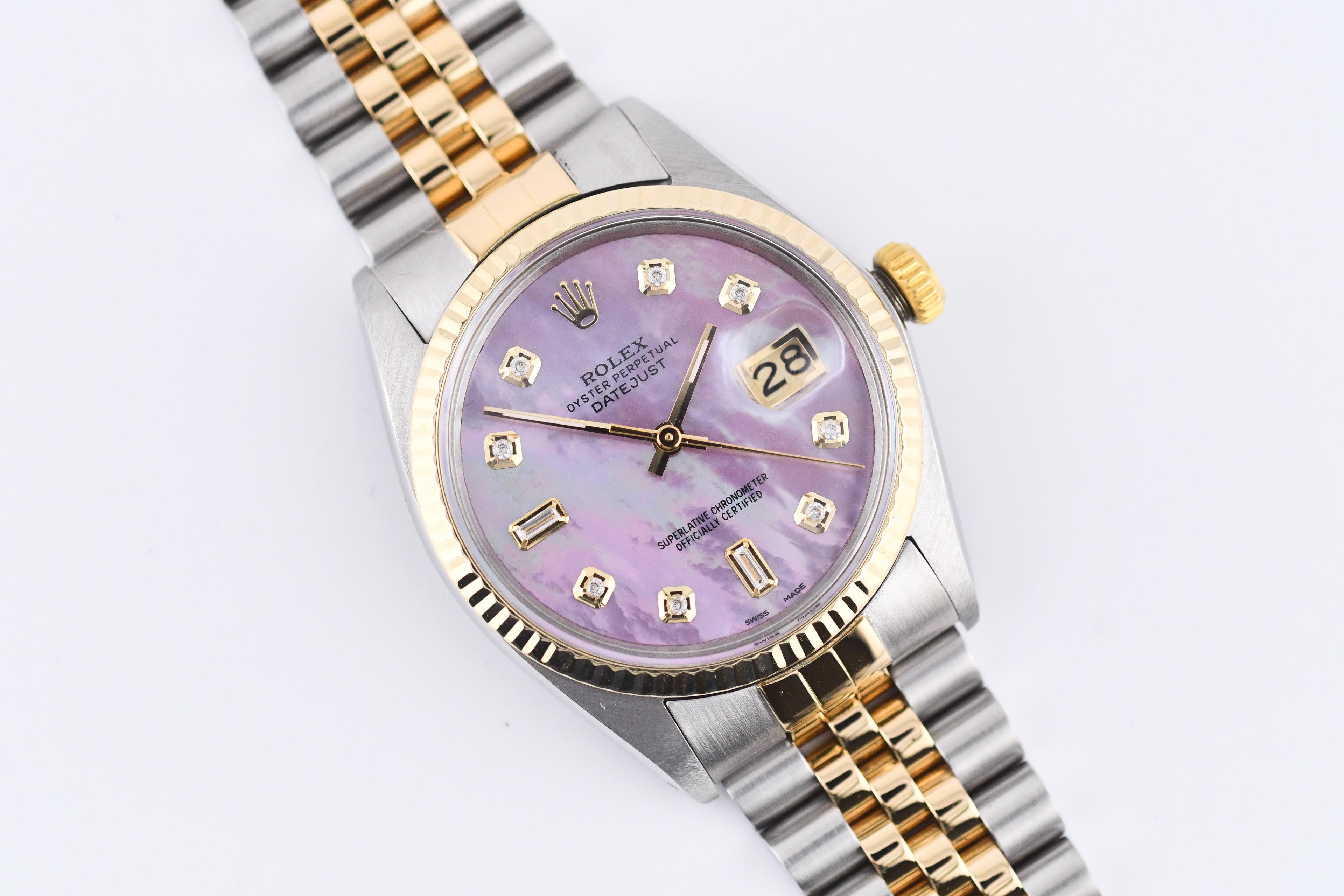 Rolex Datejust 36mm Ref 16013 Custom Pink Mother of Pearl Baguette Diamond Dial