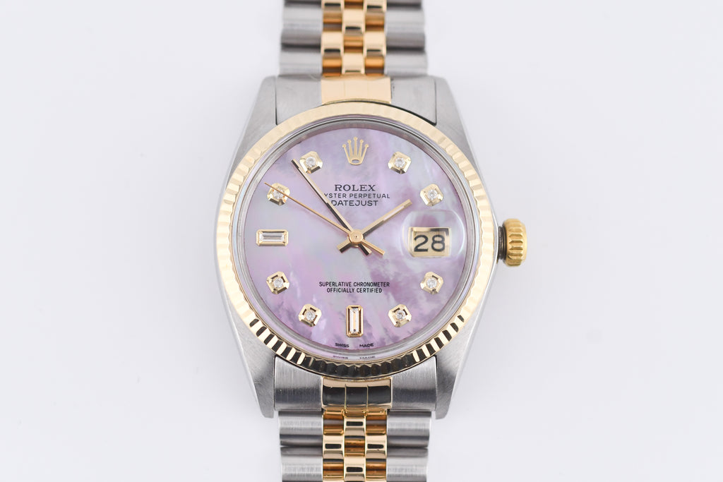 Rolex Datejust 36mm Ref 16013 Custom Pink Mother of Pearl Baguette Diamond Dial
