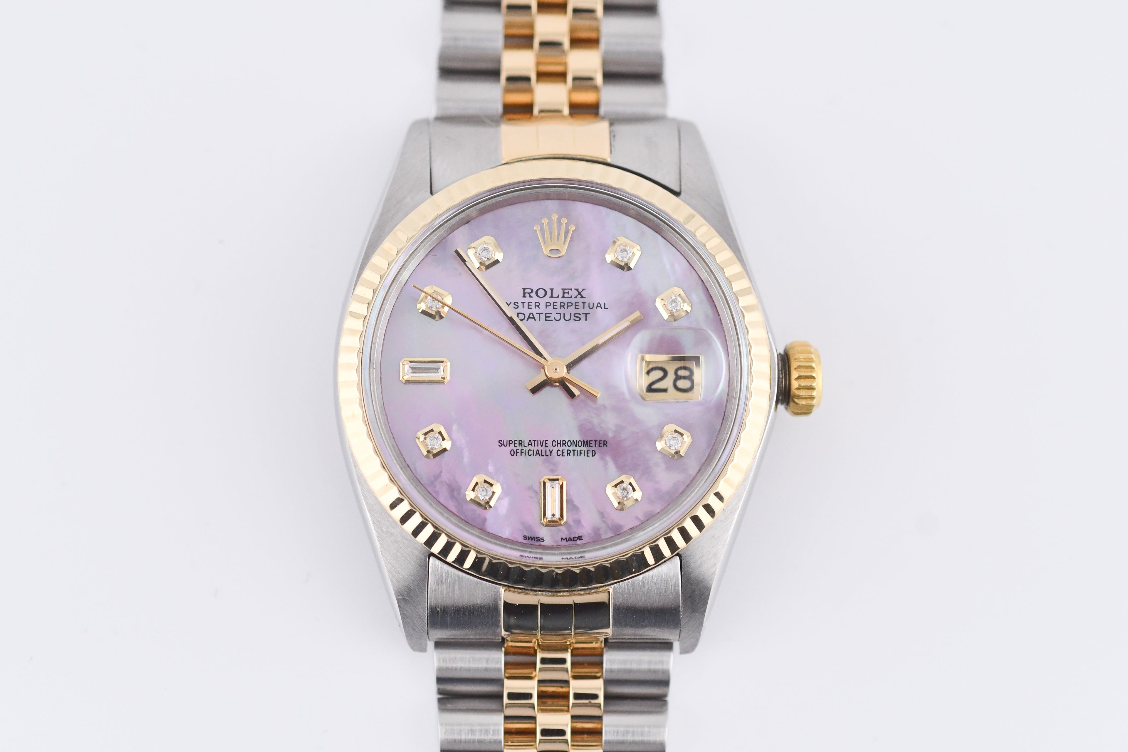 Rolex Datejust 36mm Ref 16013 Custom Pink Mother of Pearl Baguette Diamond Dial