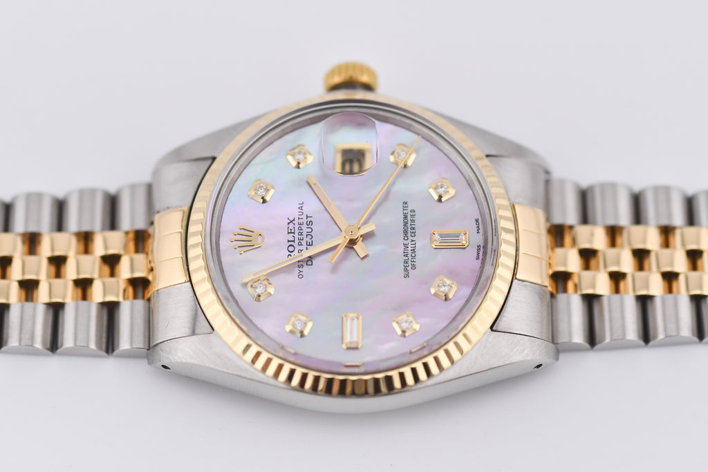 Rolex Datejust 36mm Ref 16013 Custom Pink Mother of Pearl Baguette Diamond Dial