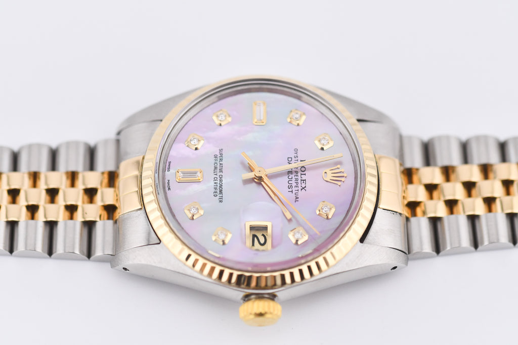 Rolex Datejust 36mm Ref 16013 Custom Pink Mother of Pearl Baguette Diamond Dial