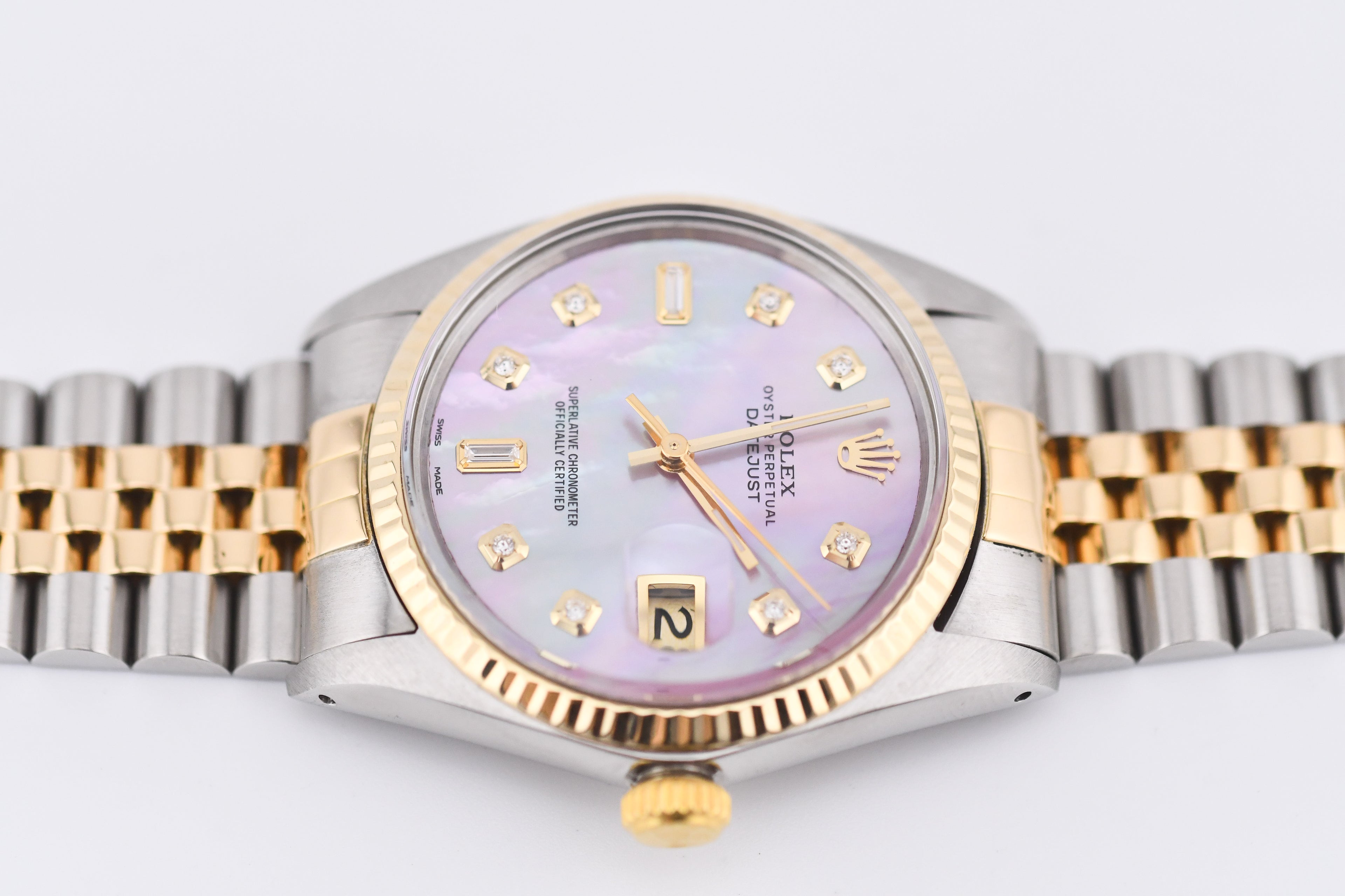 Rolex Datejust 36mm Ref 16013 Custom Pink Mother of Pearl Baguette Diamond Dial