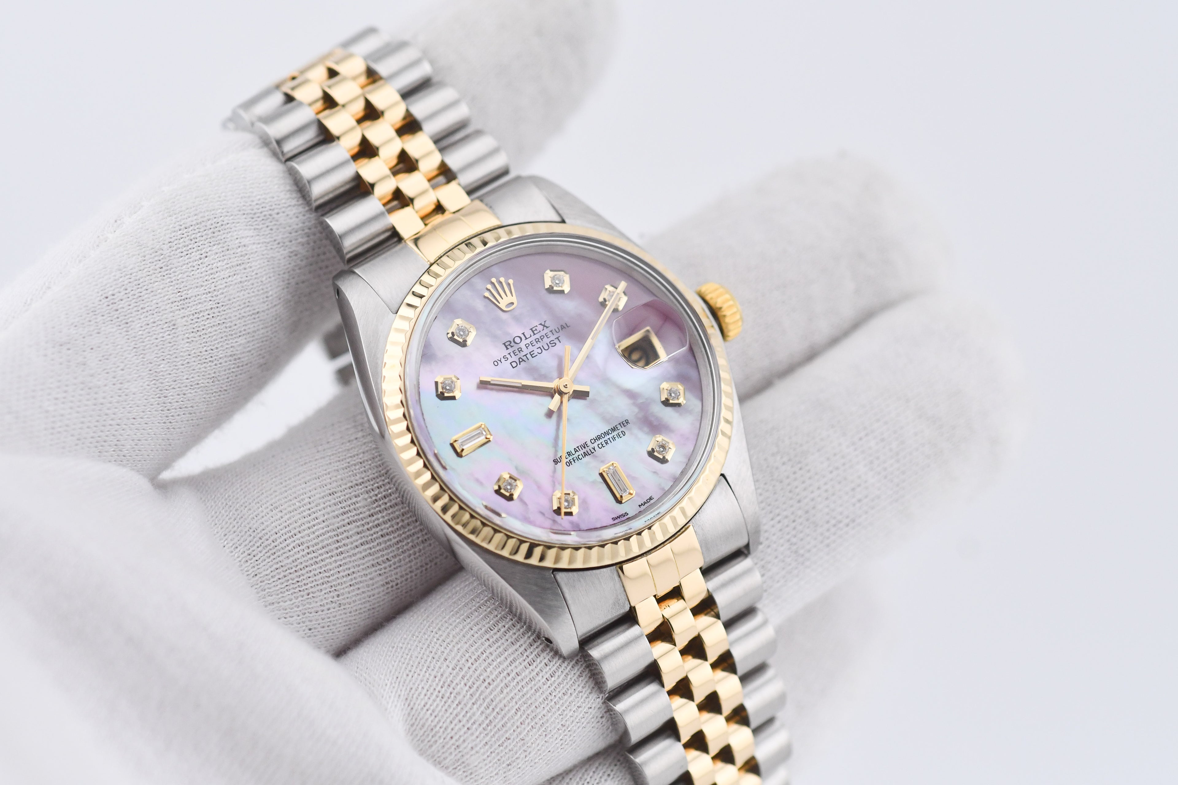 Rolex Datejust 36mm Ref 16013 Custom Pink Mother of Pearl Baguette Diamond Dial