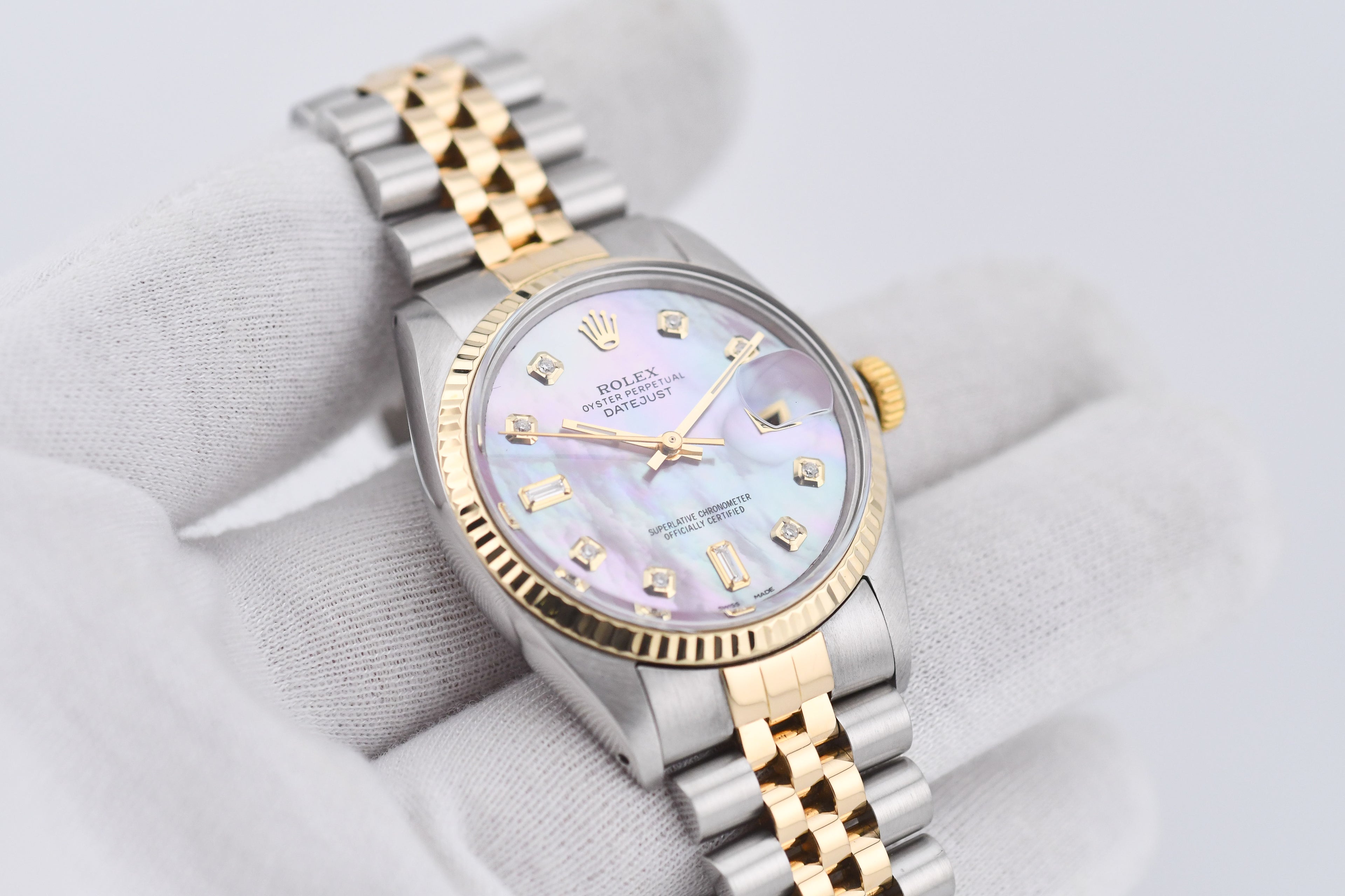 Rolex Datejust 36mm Ref 16013 Custom Pink Mother of Pearl Baguette Diamond Dial
