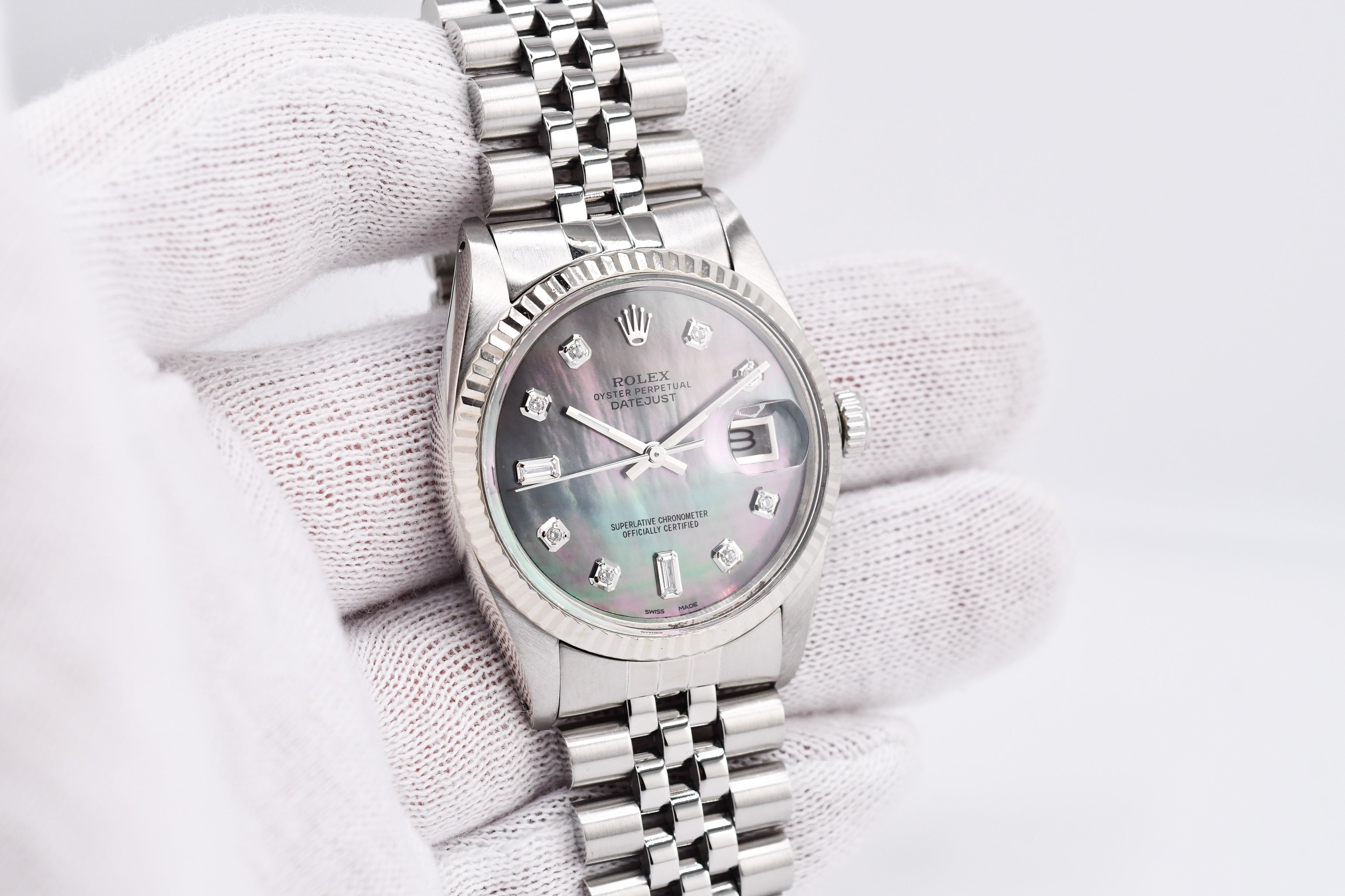 Rolex Datejust 36mm Ref 16014 Custom Mother of Pearl Grey Baguette Diamond Dial