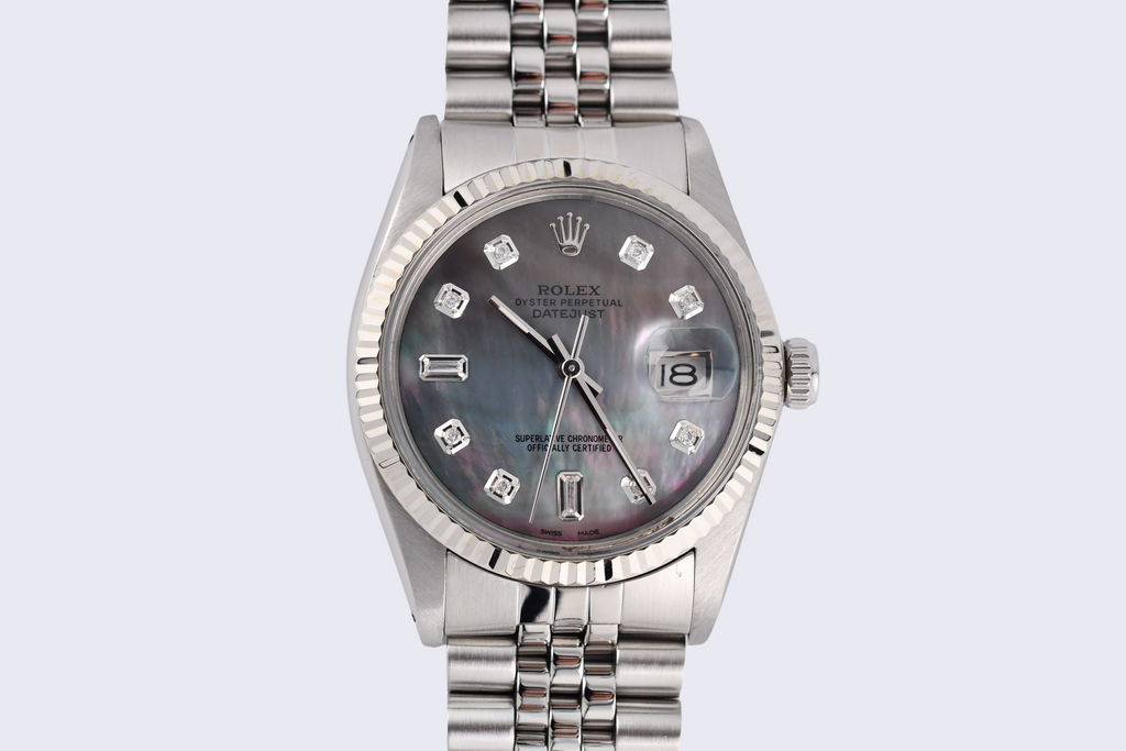 Rolex Datejust 36mm Ref 16014 Custom Mother of Pearl Grey Baguette Diamond Dial