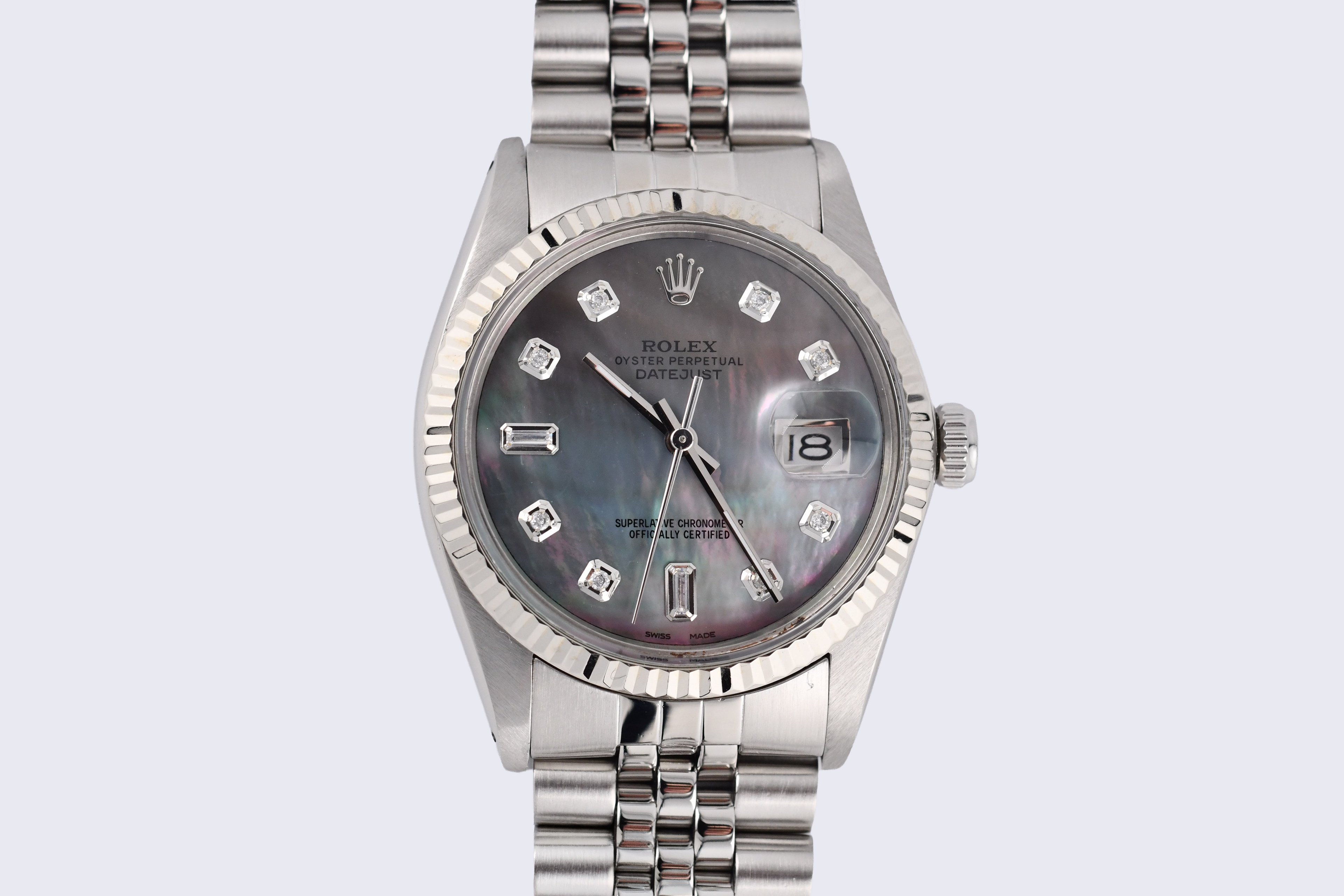Rolex Datejust 36mm Ref 16014 Custom Mother of Pearl Grey Baguette Diamond Dial